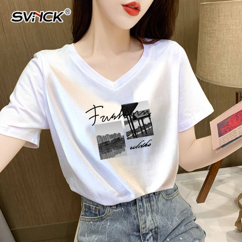 白色V领短袖t恤女纯色宽松显瘦夏