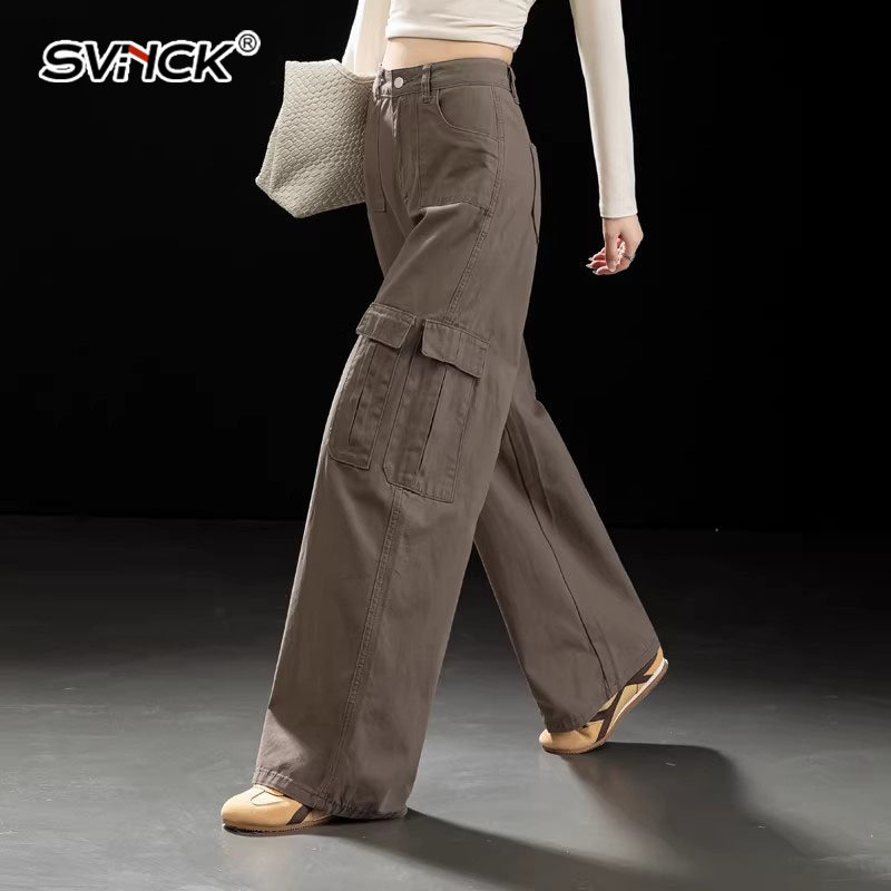 复古多口袋阔腿工装裤女2026新款春宽松直筒裤女纯棉牛仔裤子