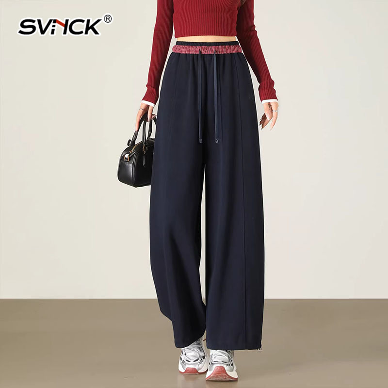 藏青色阔腿弯刀裤女2026春季新款高腰显瘦两穿九分小个子运动卫裤