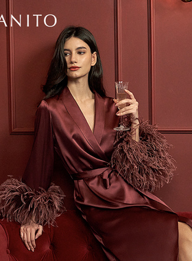 MANITO/曼尼陀Fiesta长袍鸵鸟毛桑蚕丝奢华睡袍真丝睡衣家居服