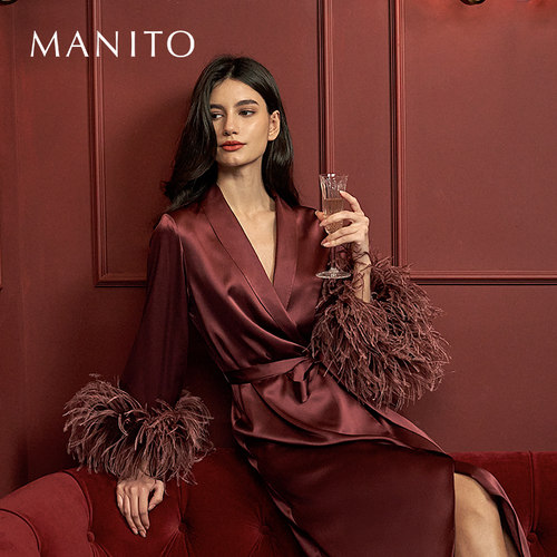 MANITO/曼尼陀Fiesta长袍鸵鸟毛桑蚕丝奢华睡袍真丝睡衣家居服
