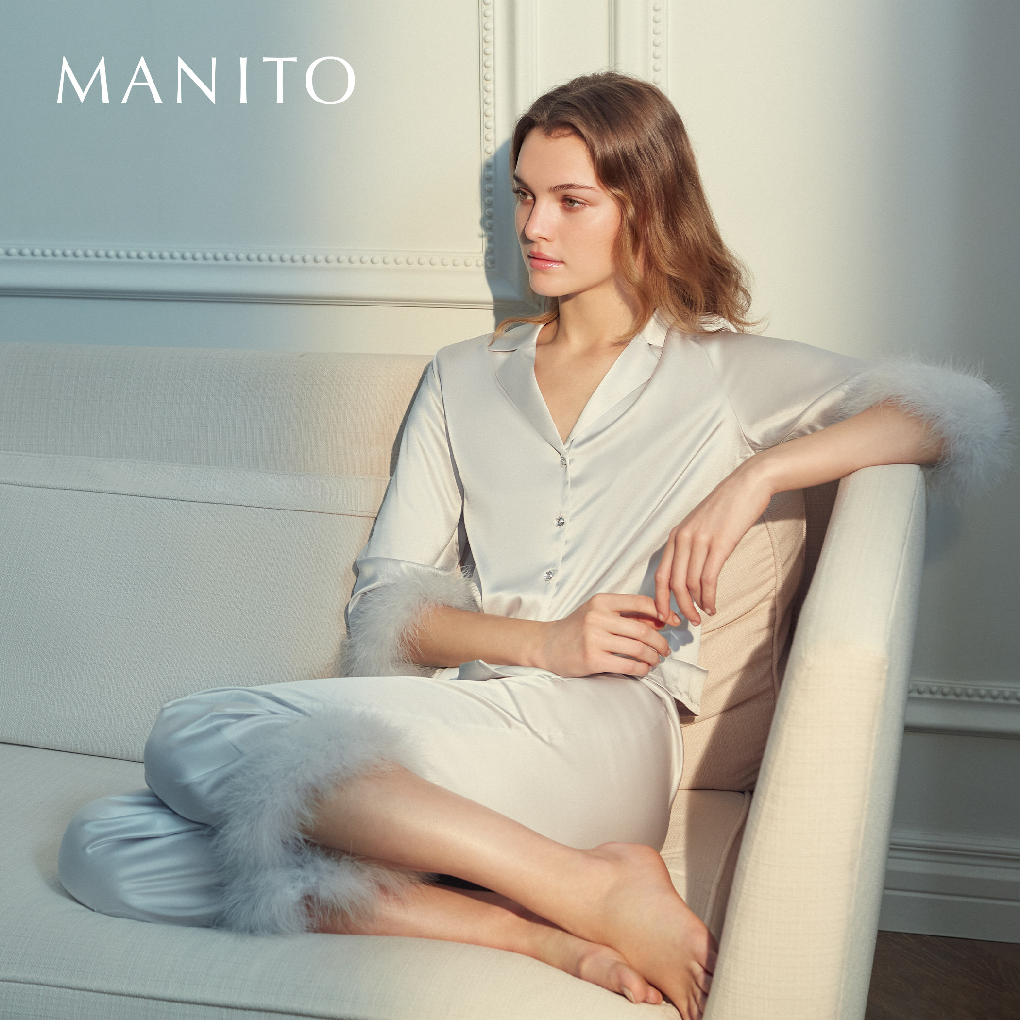 MANITO/曼尼陀Diva羽毛睡衣套装真丝两件套桑蚕丝