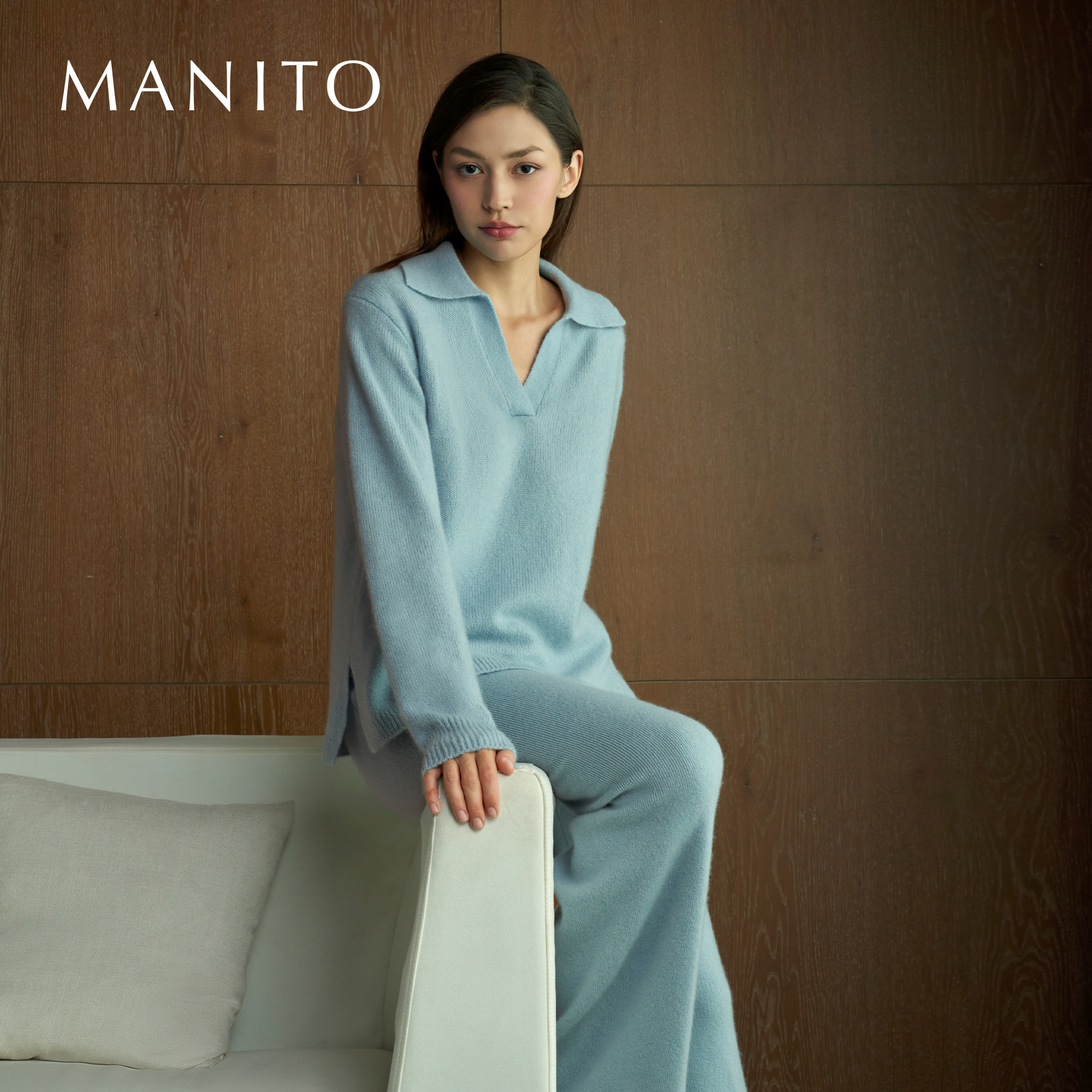 MANITO/曼尼陀Purity女士Polo领山羊绒桑蚕丝针织上衣长裤家居服