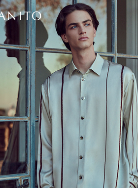 MANITO/曼尼陀Geom 男士条纹短裤家居服套装桑蚕丝手绘睡衣套装