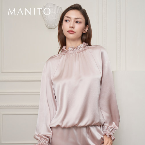 MANITO/曼尼陀Purity桑蚕丝女士束口睡衣套装灯笼袖木耳边家居服