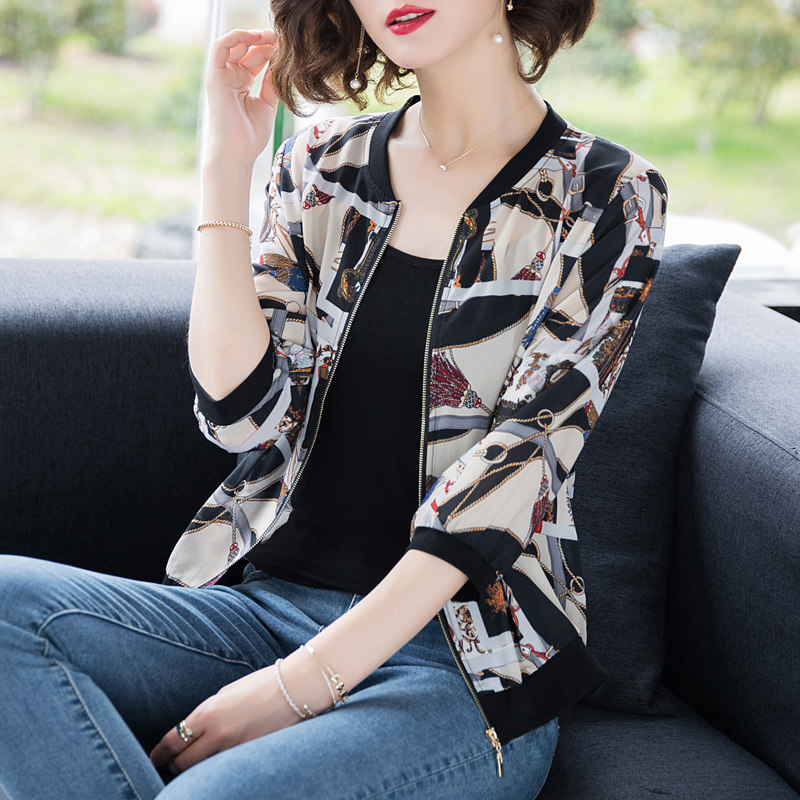 夹克式防晒衣女薄款2020夏新款印花棒球服雪纺开衫百搭短款小外套