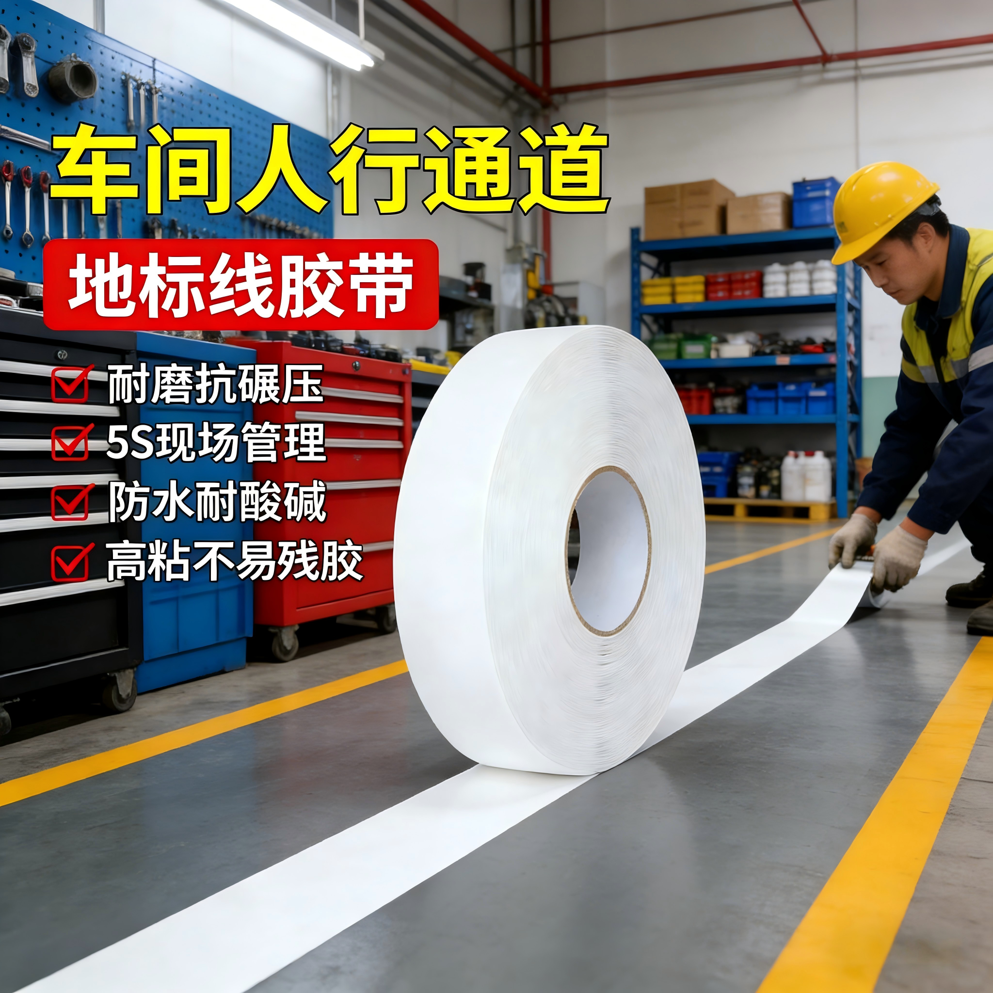 纳米耐磨地胶超厚白色警示胶带pvc车间地面标识地标划线纳米重载地胶抗叉车碾压黄黑色5S6S厂房工厂区域规划
