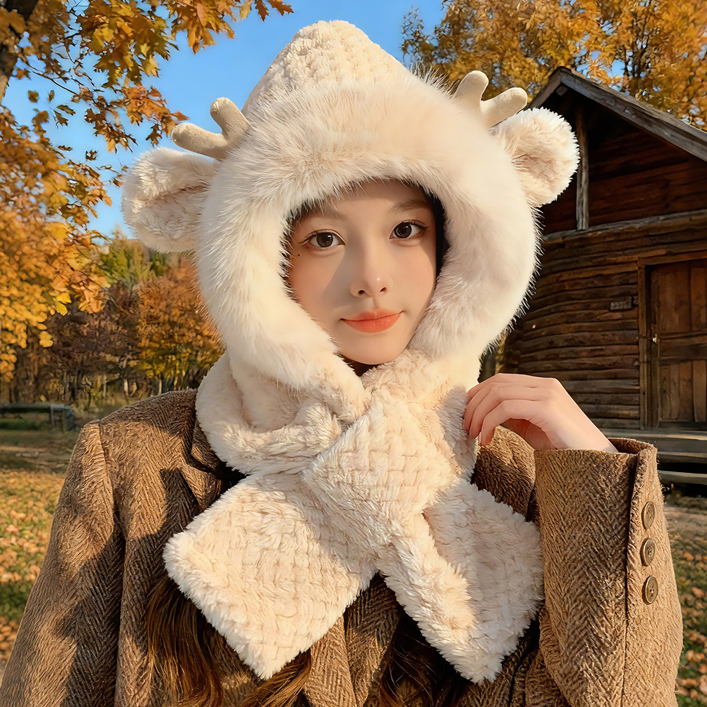 帽子女冬2025冬季新款可爱毛绒连帽围巾一体保暖户外防风三件套