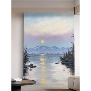 意式极简高级感客厅装饰画湖光雪山月影手绘油画进门玄关走廊挂画