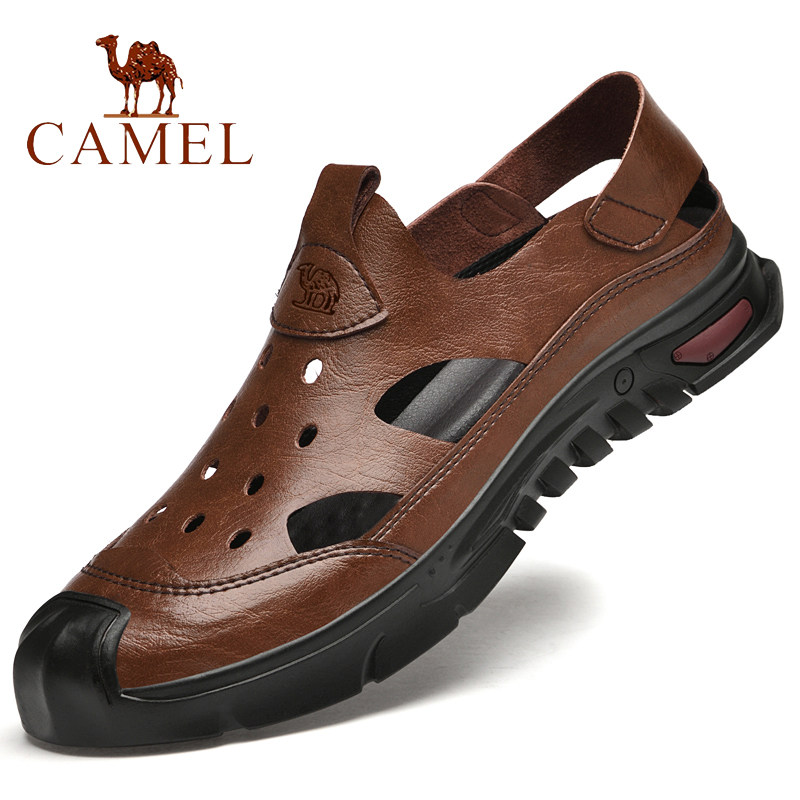 骆驼男鞋夏季新款真皮软底洞洞鞋透气防滑耐磨男士休闲包头凉皮鞋