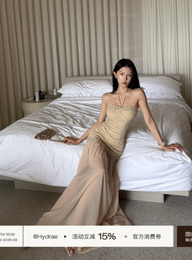 Hydrae 禧1嘤 蕾丝挂脖抹胸连衣裙女夏气质修身提花拼接雪纺长裙