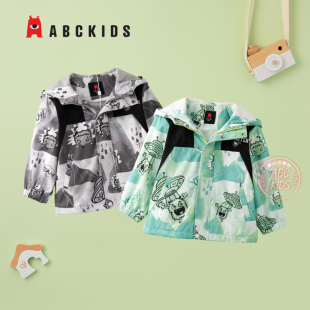 abckids童装男童外套秋款宝宝薄绒冲锋衣2024新款小童连帽拉链衫