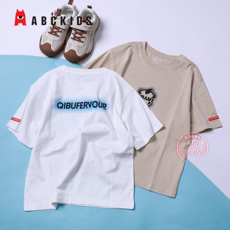 abckids男童短袖t恤2025夏季新款儿童潮款纯棉上衣中大童运动夏装