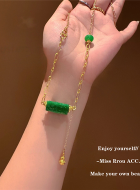 新中式国风干青翡翠方糖项链女款2025新款长款毛衣链轻奢高级感