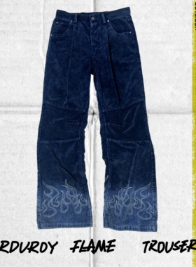 RIOT UNIONS 25FW复古火焰刺绣美女袋花灯芯绒洗水微微喇裤