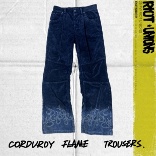 RIOT UNIONS 25FW复古火焰刺绣美女袋花灯芯绒洗水微微喇裤