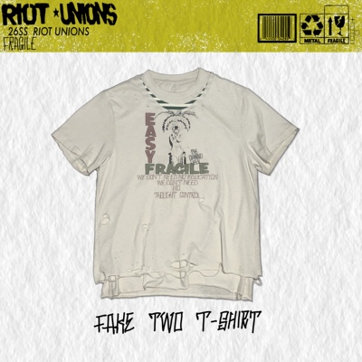 RIOT UNIONS 26SS原创设计真两件条纹拼领水洗纯棉刀割破坏T恤