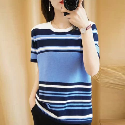双莲100%纯棉T恤女夏装新款条纹针织衫体恤全棉半截袖高档上衣潮