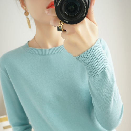 双莲100%纯棉毛衣女圆领春秋季新款上衣全棉高端内搭针织衫打底衫