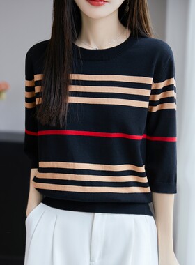双莲纯棉T恤女针织衫宽松中袖春秋条纹上衣全棉高端夏季体恤
