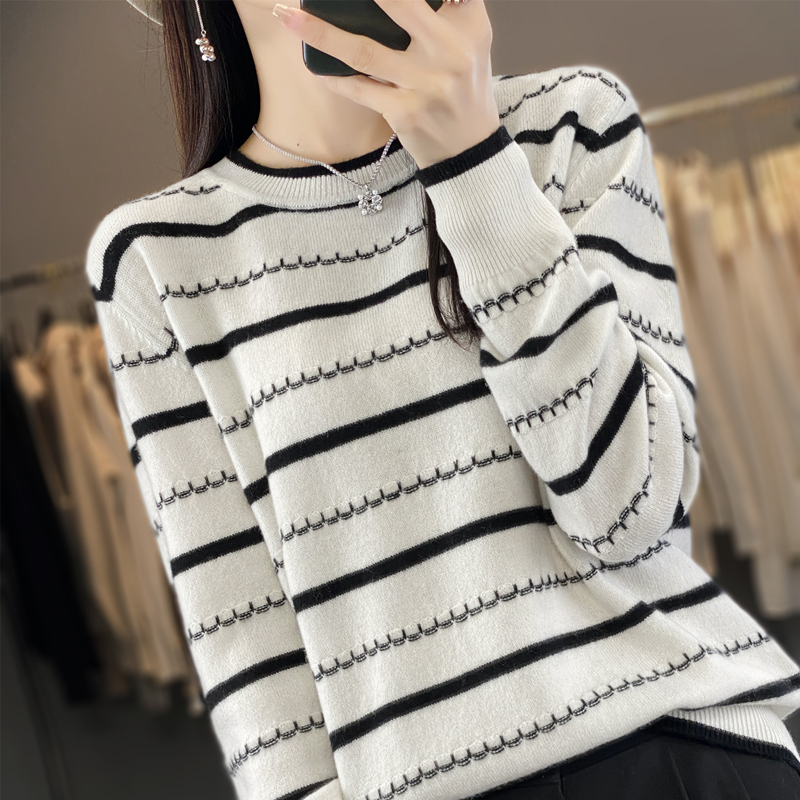 双莲100%纯棉针织衫女秋冬新款条纹长袖打底衫全棉线上衣高档毛衣