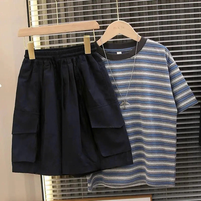 男童夏装条纹套装韩版宽松短袖中大童帅气运动休闲五分短裤两件套