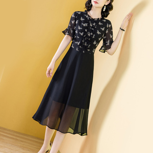 休闲裙子女夏季中长款连衣裙女装法式立领短袖蝴蝶木耳边拼接优雅