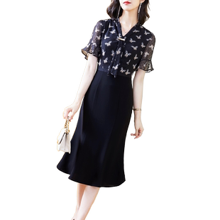 高端轻奢连衣裙夏装小香风女人味成熟气质印花飘带洋气黑色鱼尾裙