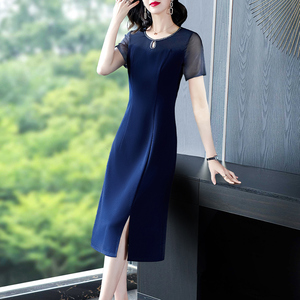 高腰减龄显瘦直筒2025新款女夏中长款气质开叉妈妈夏装圆领连衣裙