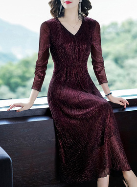 洋气减龄连衣裙喜婆婆妈妈春秋高端气质收腰长款喜庆婚宴礼服长袖