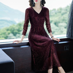 洋气减龄连衣裙喜婆婆妈妈春秋高端气质收腰长款喜庆婚宴礼服长袖