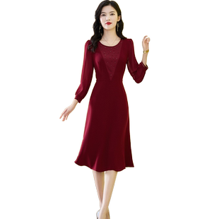 酒红色雪纺连衣裙女式七分袖2025春夏新款高端气质喜庆婆婆婚宴装