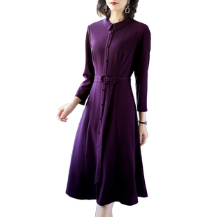 春秋季连衣裙高端洋气2025新款女收腰气质名媛大牌长袖紫色裙子