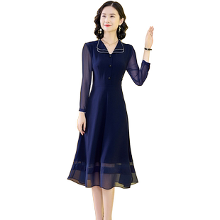 藏蓝色连衣裙2025新款春秋季中老漂亮妈妈修身显瘦遮肚子长袖裙子