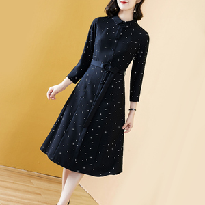 高档品牌连衣裙长袖女正品春秋2025新款波点系带洋气名媛过膝长裙