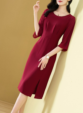 红色礼服连衣裙女2025春秋新款高档名媛婚宴装气质喜婆婆妈妈收腰