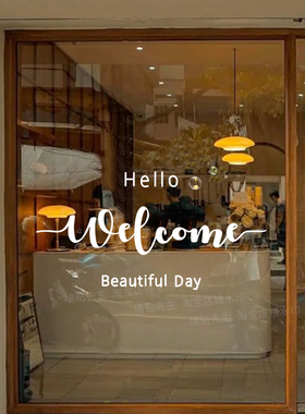 创意hello英文welcome欢迎光临玻璃贴纸店铺橱窗装饰静电贴门贴