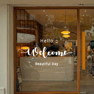 创意hello英文welcome欢迎光临玻璃贴纸店铺橱窗装饰静电贴门贴