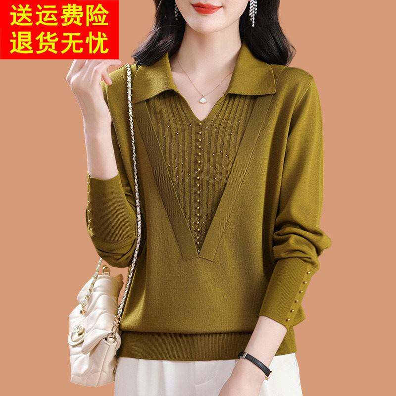 polo翻领冰丝针织衫女长袖t恤上衣薄款洋气妈妈宽松桑蚕丝打底衫