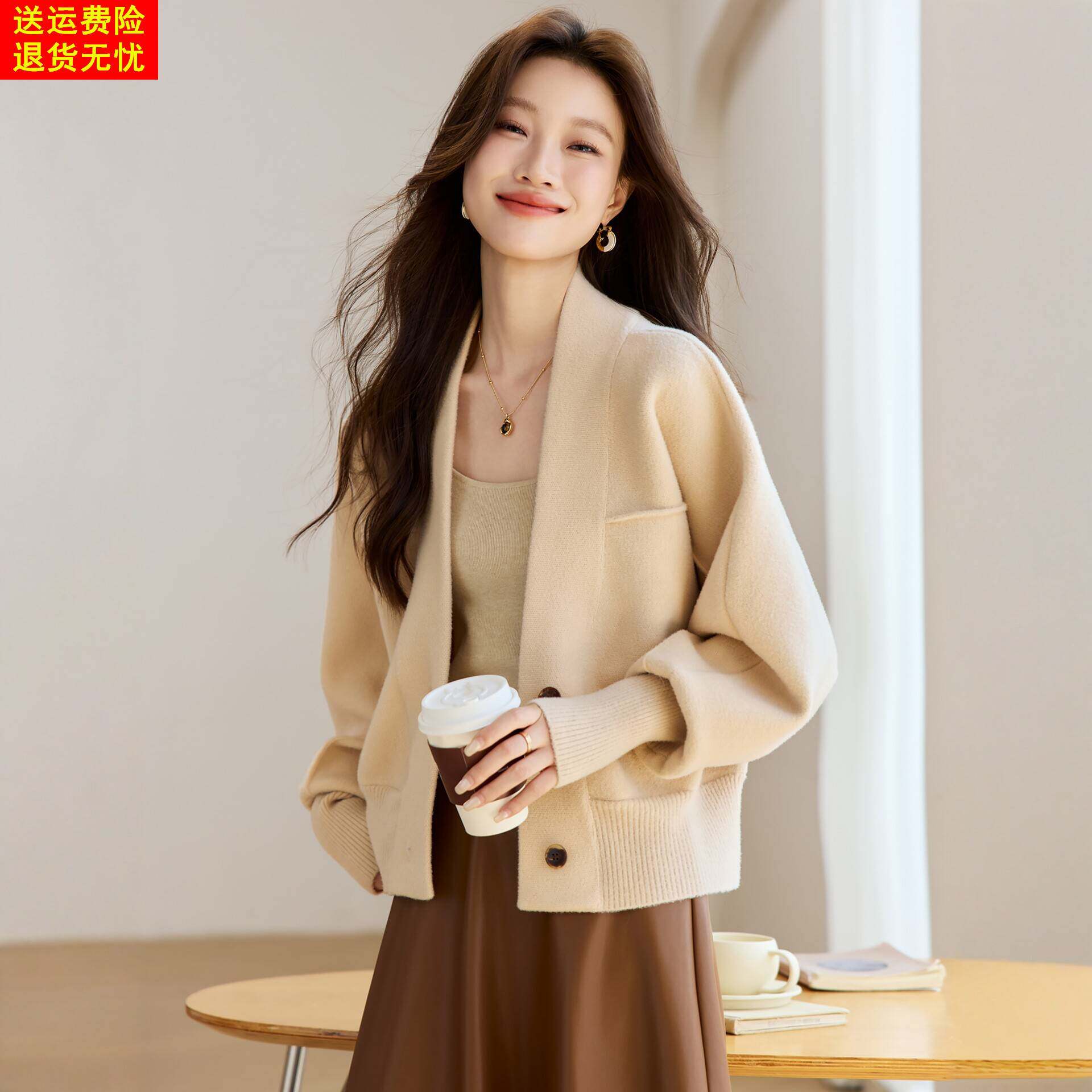 秋冬季休闲毛呢外套2025新款高级感蝙蝠袖开衫女收腰显瘦短款上衣