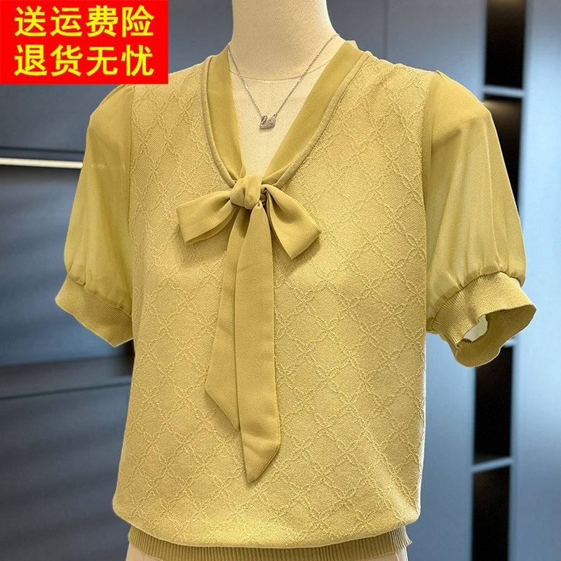 时尚洋派妈妈装拼接针织衫女雪纺夏装新款上衣减龄气质中老年T恤