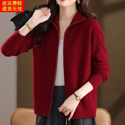 中年妈妈红色拉链针织开衫女秋冬100纯羊毛毛衣外套短款大码上衣