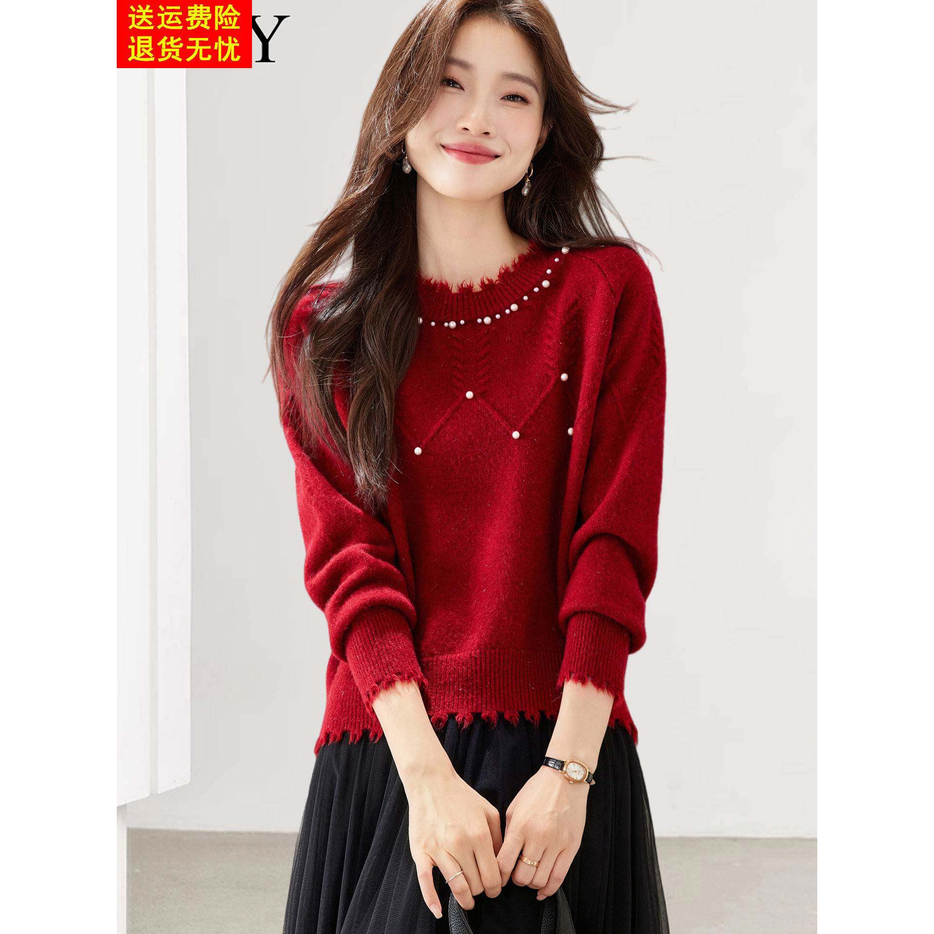 2025冬装新款本命年红色打底毛衣漂亮钉珠小个子气质别致上衣女装