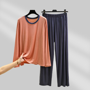 长袖莫代尔家居服宽松大码男士t恤长裤套装可外穿圆领休闲两件套