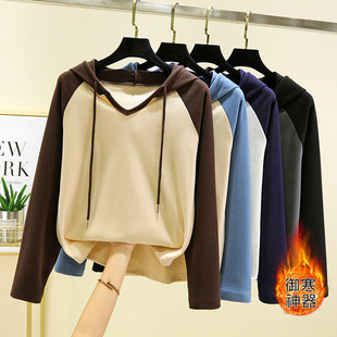 清仓德绒连帽t恤女秋冬德绒长袖V领打底衫大码可外穿加厚休闲上衣