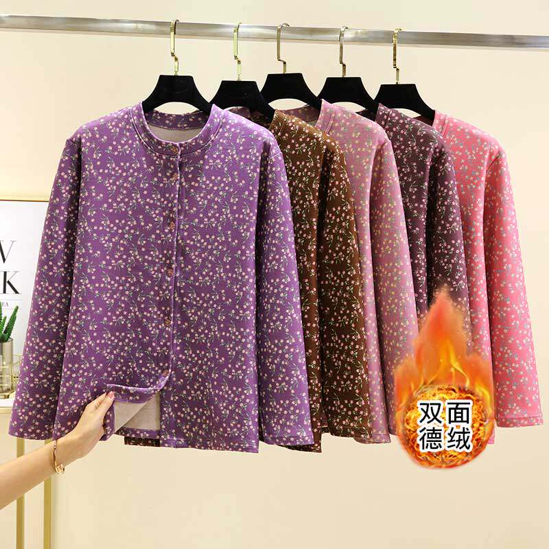 中老年碎花短外套冬双面德绒系扣厚款上衣宽松圆领加绒防寒妈妈装 - L家欧美潮流女装出品