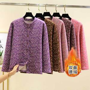 中老年碎花短外套冬双面德绒系扣厚款上衣宽松圆领加绒防寒妈妈装