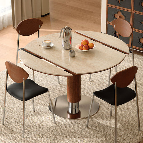 中古风包豪斯洞石岩板伸缩餐桌胡桃色多功能折叠实木餐桌可变圆桌