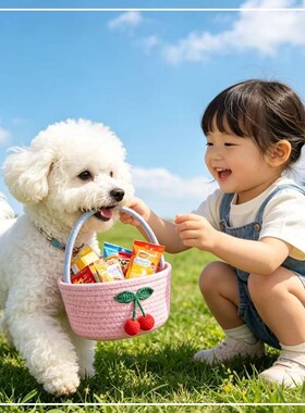 原创樱桃手提篮小狗玩具嘴刁小篮子收纳篮训练狗狗萌宠专属零食篮