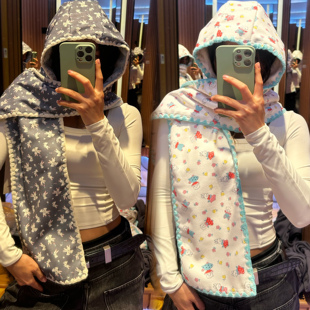 minjien韩国小众兔子连帽式一体围巾围脖披肩双面打板定制正确版